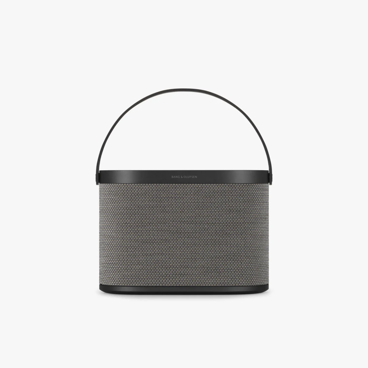 Bang & Olufsen portable speaker featuring a gray fabric-covered body, black trim, and a curved carrying handle.