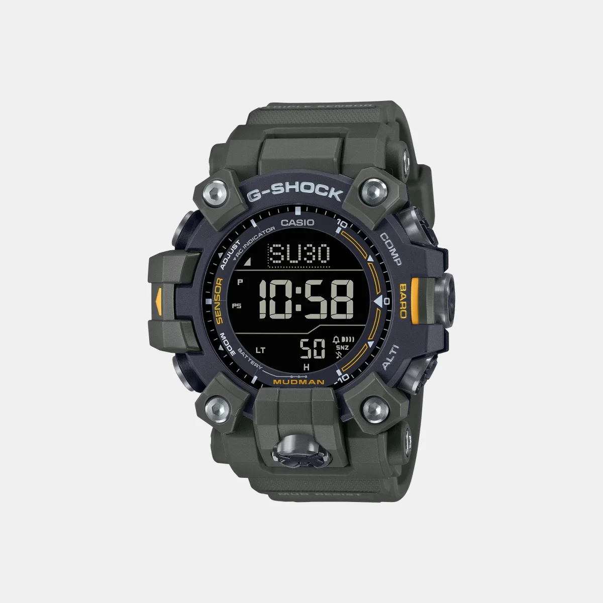 Casio G-Shock Mudman digital watch in olive green, featuring a black circular face, a gray bezel, and yellow accents.