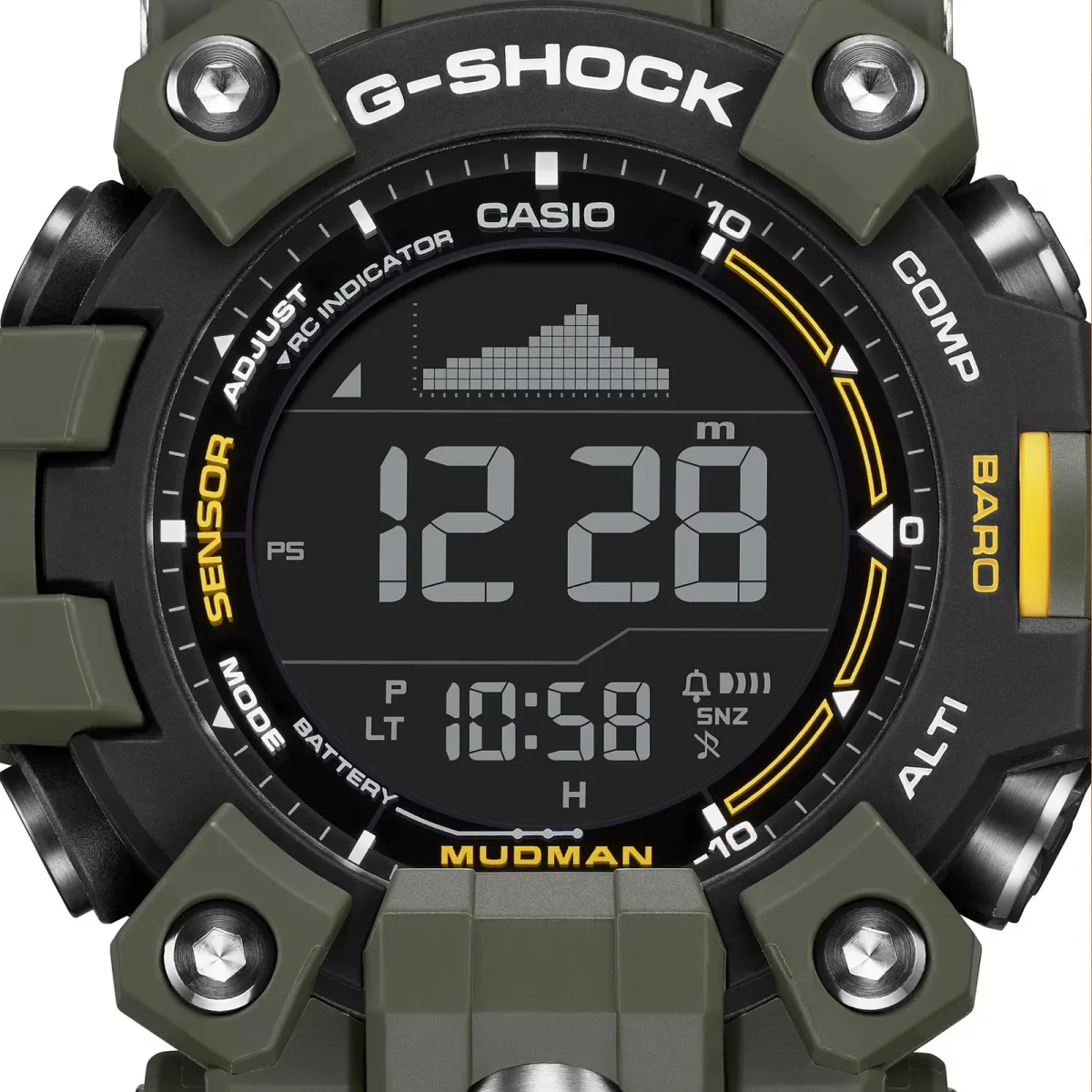 Casio G-Shock Mudman watch with an olive green resin housing, featuring a digital display and a barometric graph.