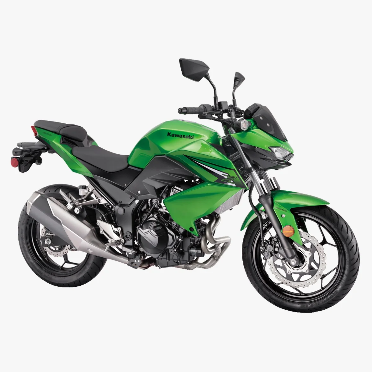 Lime green Kawasaki Z400 naked motorcycle.