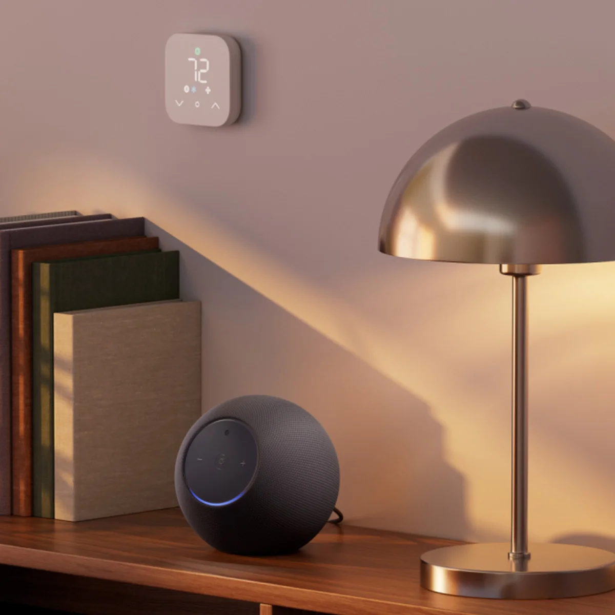 Smart thermostat mounted on a wall above a wooden shelf holding a round smart speaker, a metallic lamp, and several books.