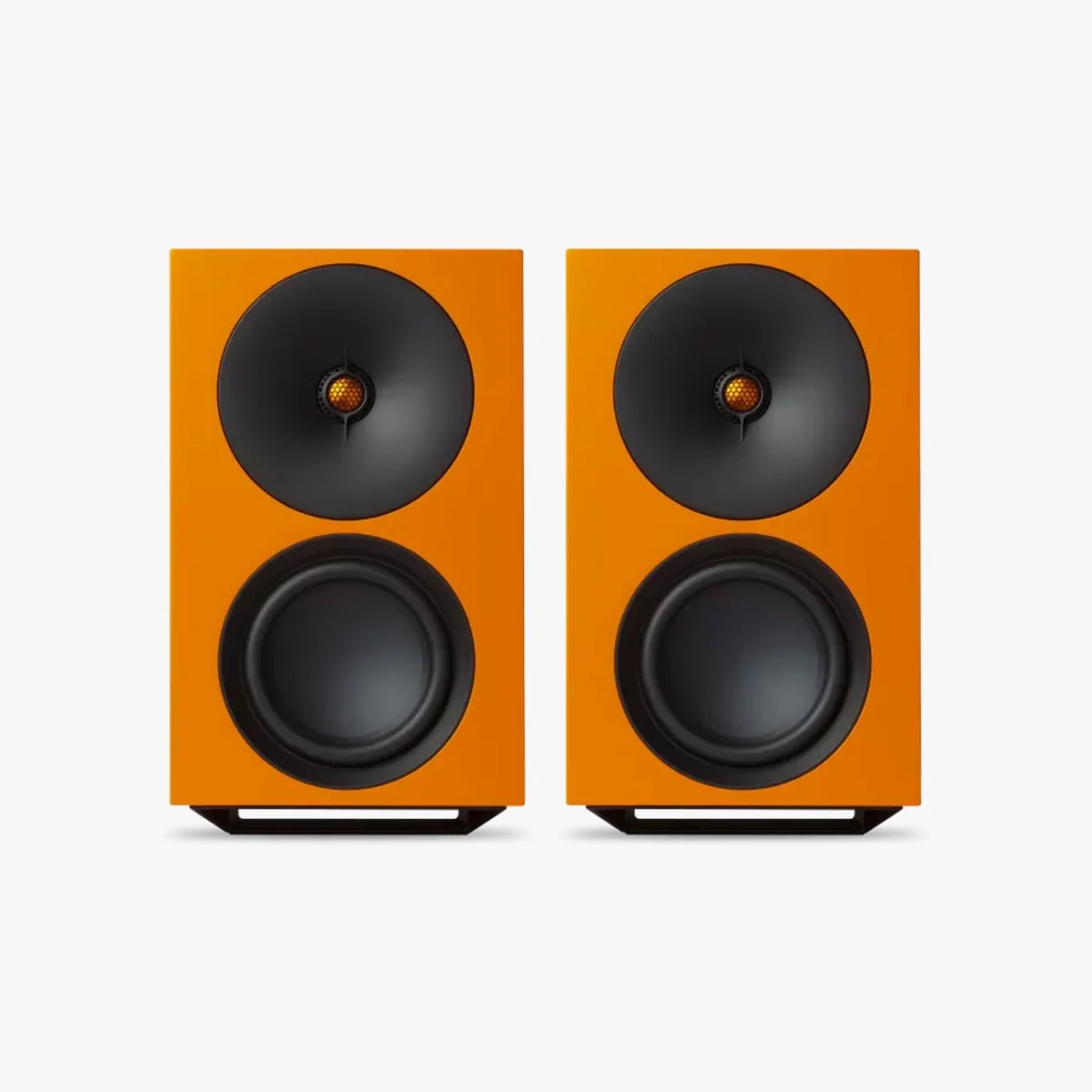 Pair of rectangular orange bookshelf speakers with black circular drivers and stands.