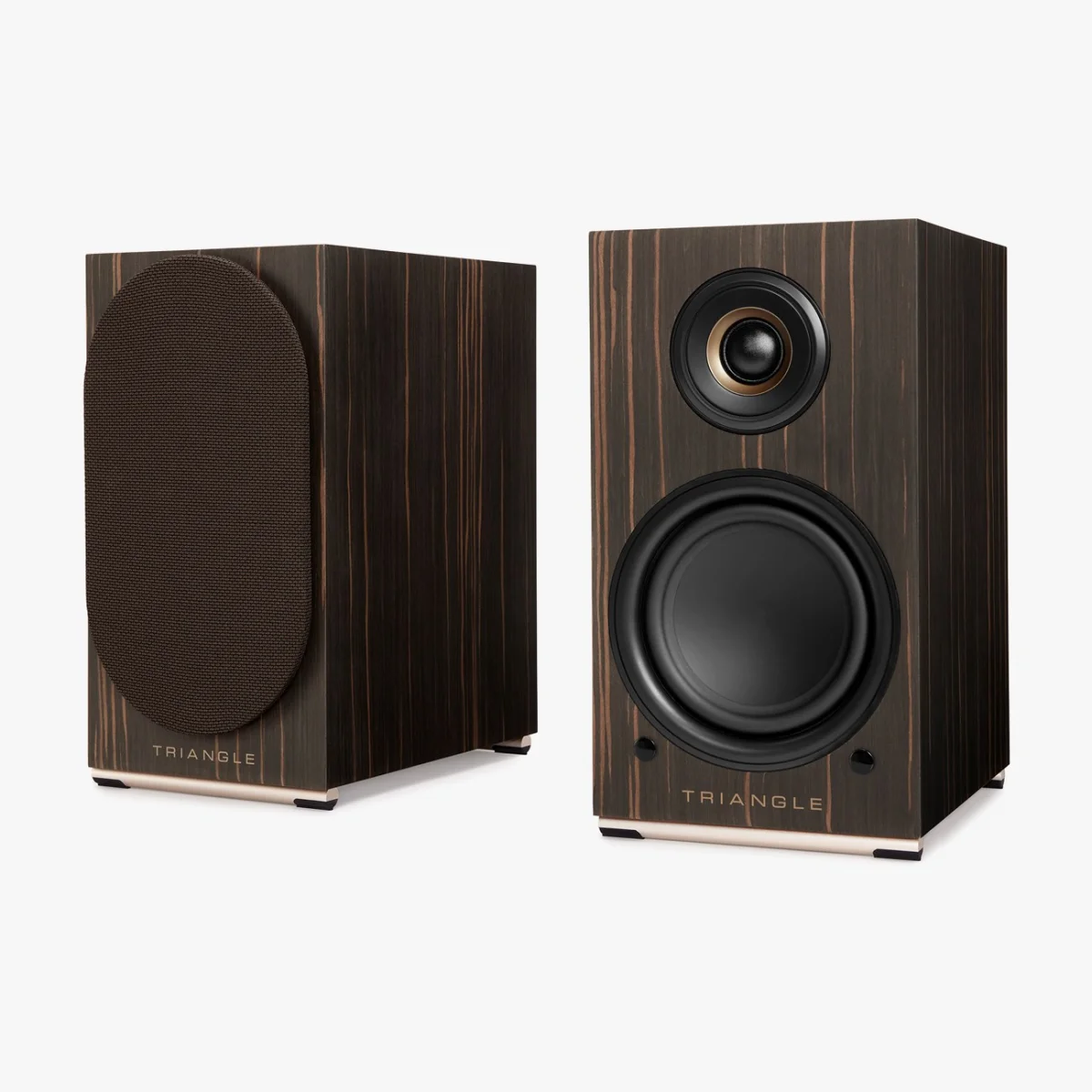 Pair of dark wood bookshelf speakers with black drivers and one speaker covered by a brown fabric grille.