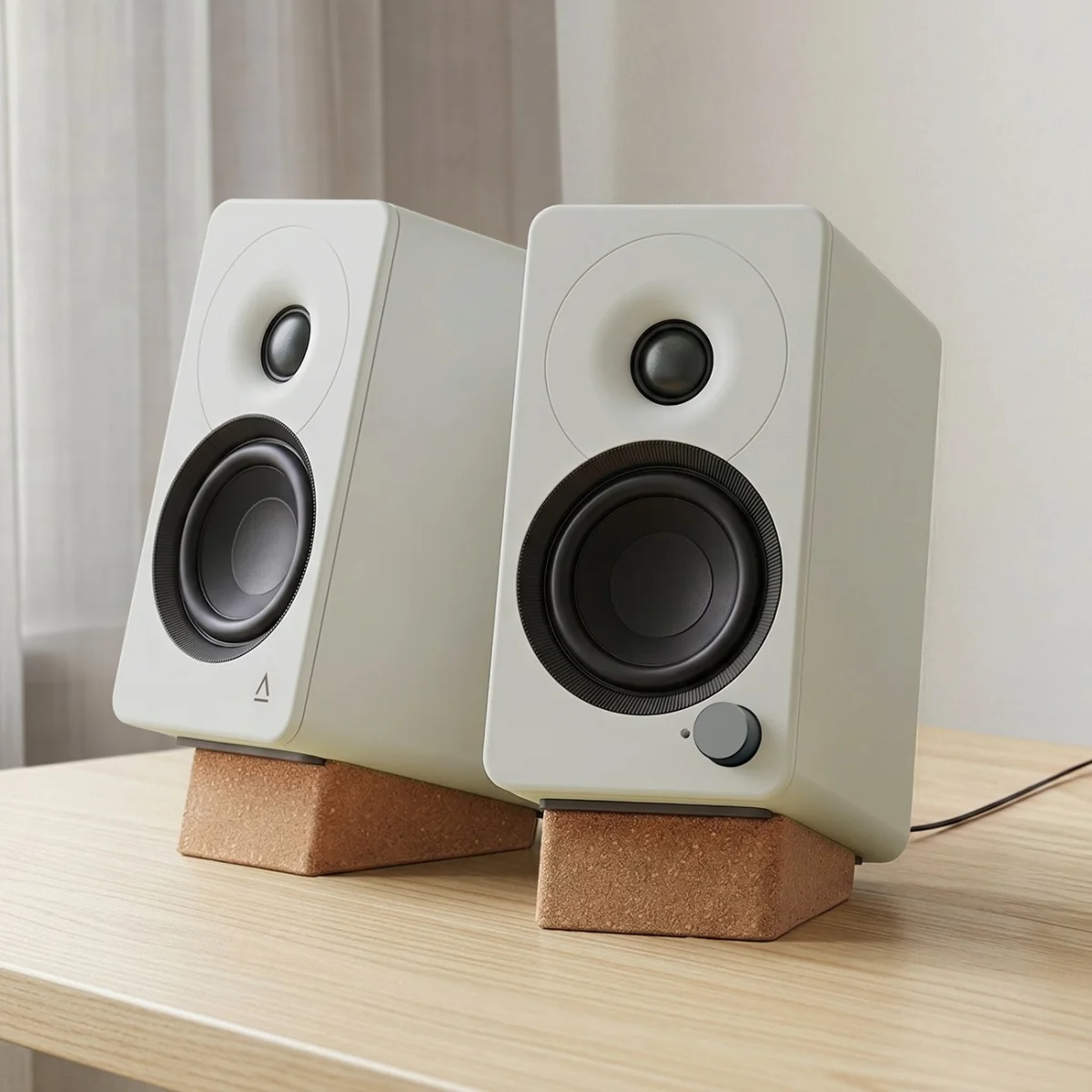Pair of white bookshelf speakers with black drivers and cork stands on a light wood surface.