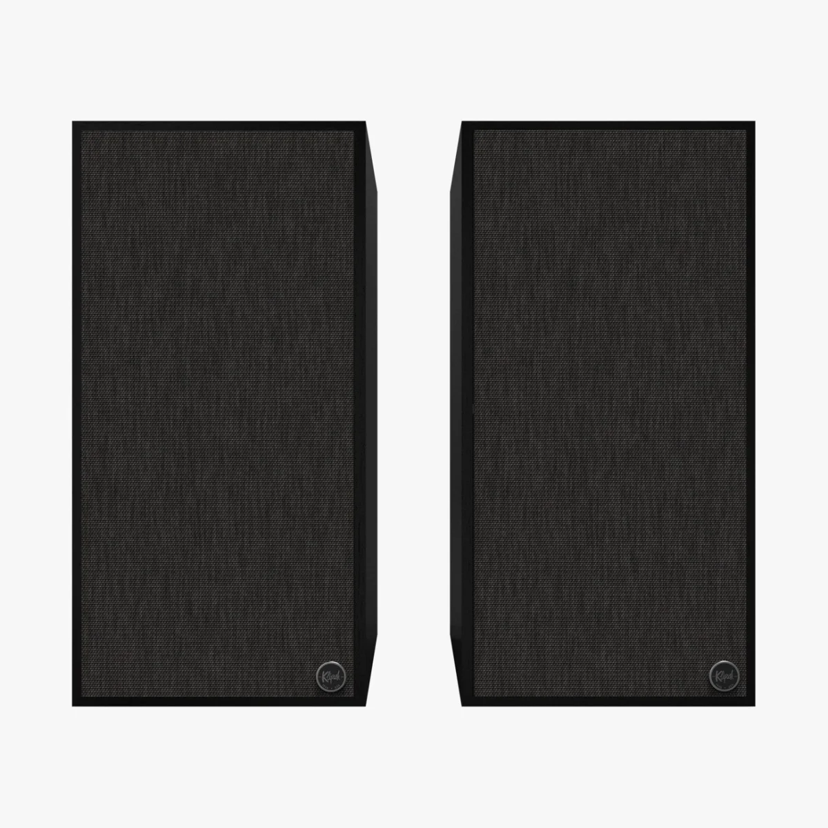 Pair of black rectangular speakers with dark fabric front covers and small round Klipsch logos at the bottom corners.