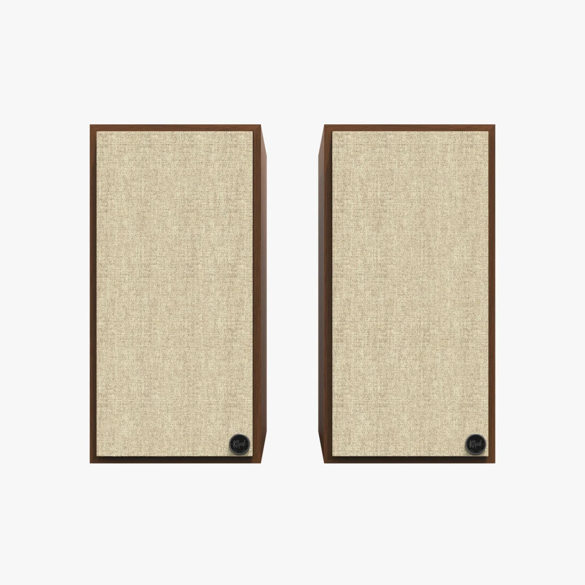 Pair of rectangular vintage-style speakers with beige fabric fronts and dark wood frames.