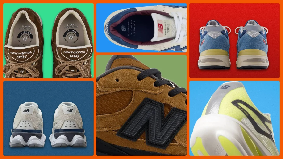 Collage of six close-up views of New Balance sneakers, showcasing varied colors, materials, and heel designs.