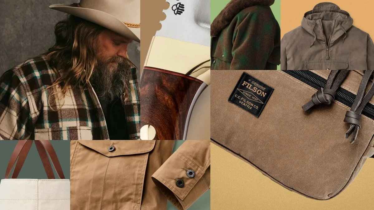 Collage featuring apparel and accessories including a plaid shirt, cowboy hat, knife handle, jacket, hooded anorak, canvas tote bag, a jacket sleeve with buttoned cuffs, and a Filson brand tag on a canvas bag.