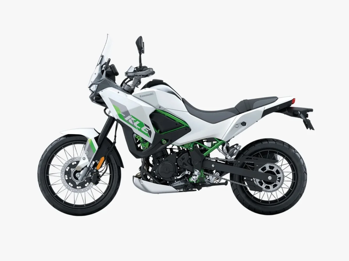 Kawasaki KLR 650 motorcycle in white and grey with a bright green frame.