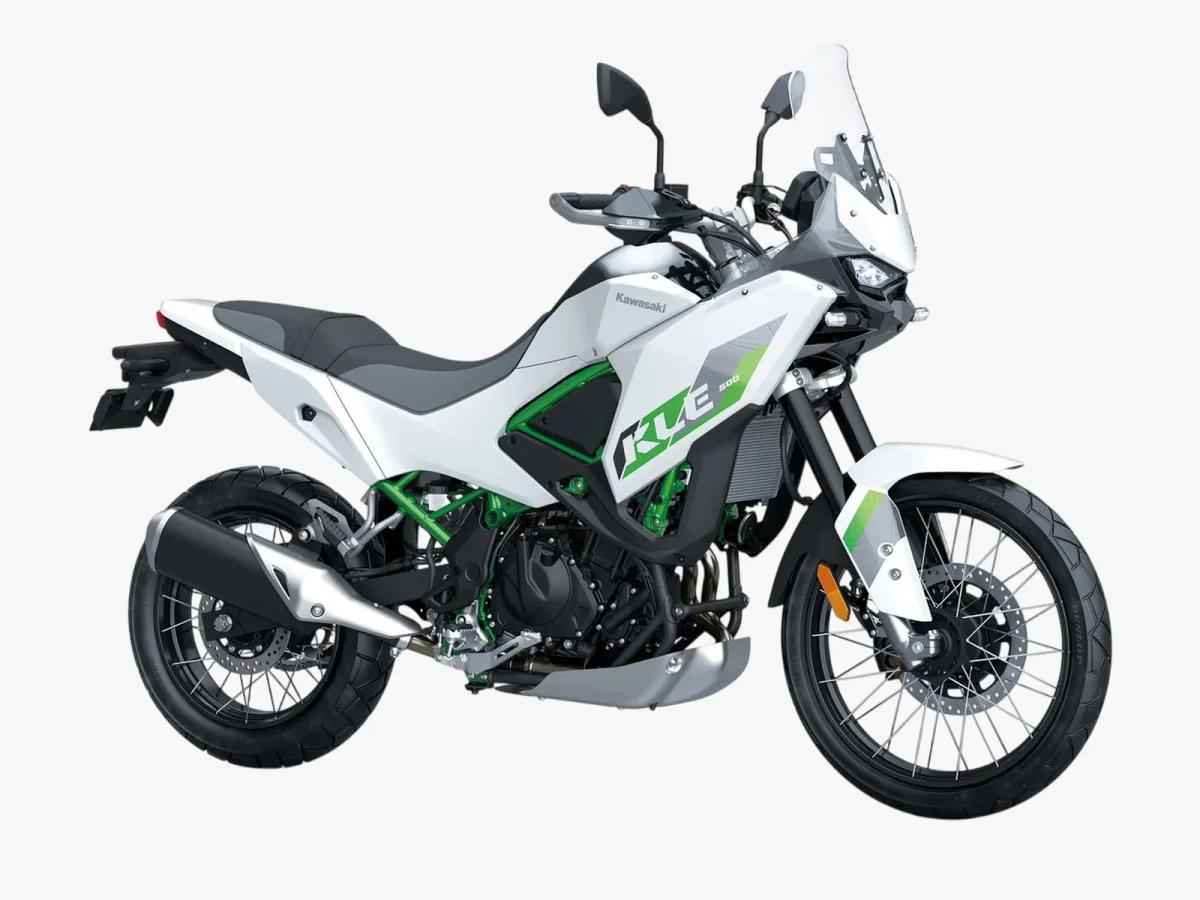 Kawasaki KLE 500 dual-sport motorcycle in white and grey with green frame detailing.