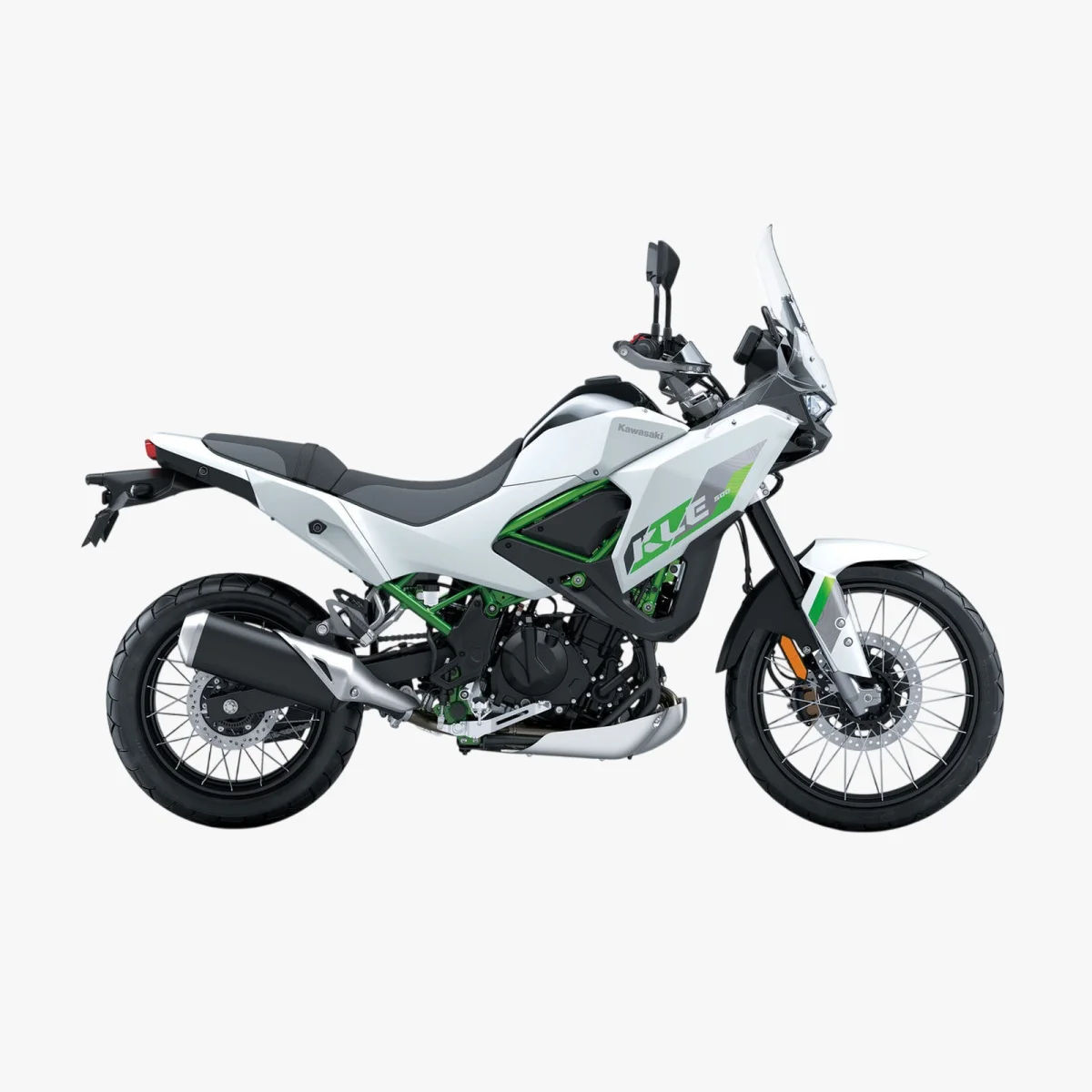 Side profile of a white and green Kawasaki KLE 300 dual-sport motorcycle.