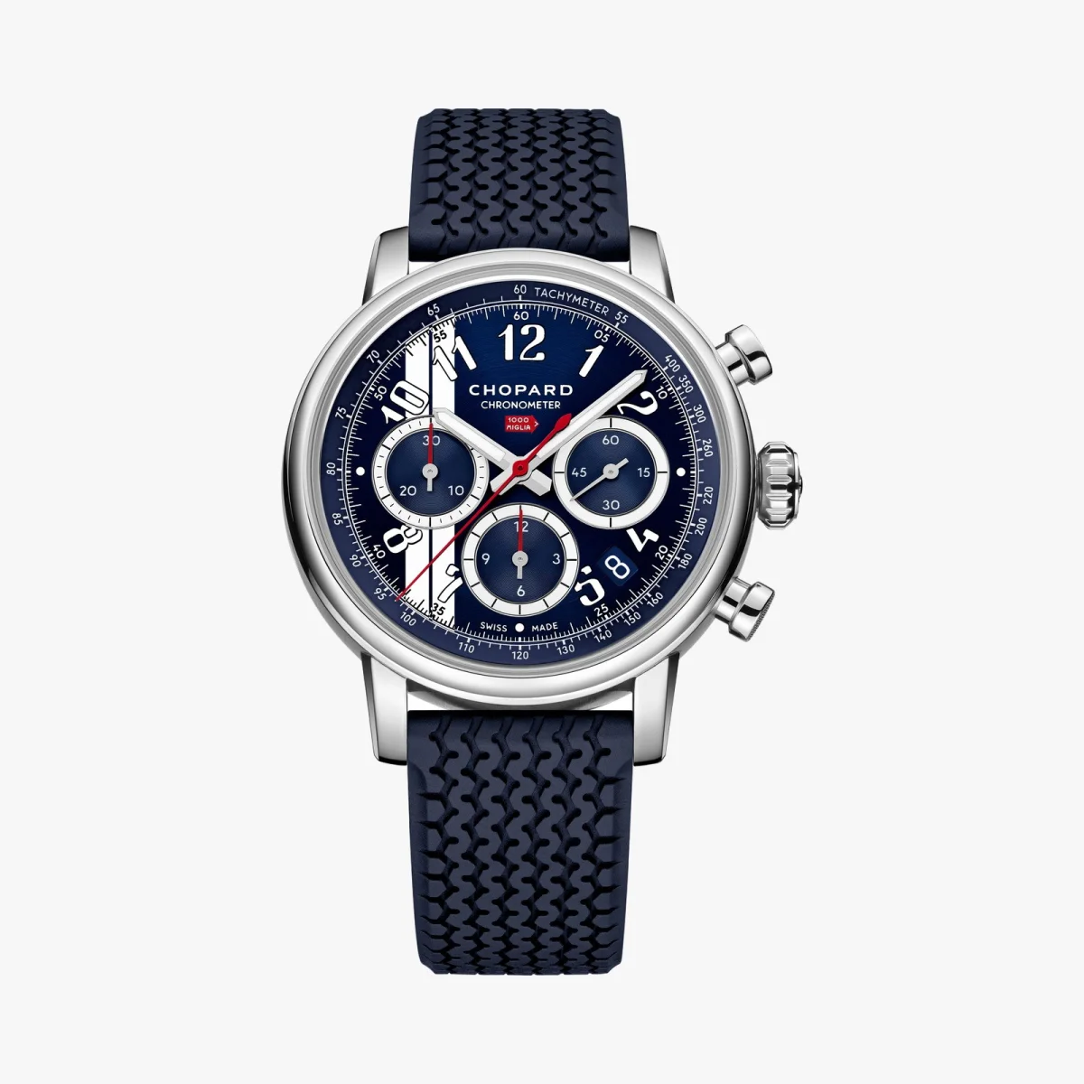 Chopard Mille Miglia chronograph watch featuring a round stainless steel case, blue dial, and blue rubber strap with a tire-tread pattern.