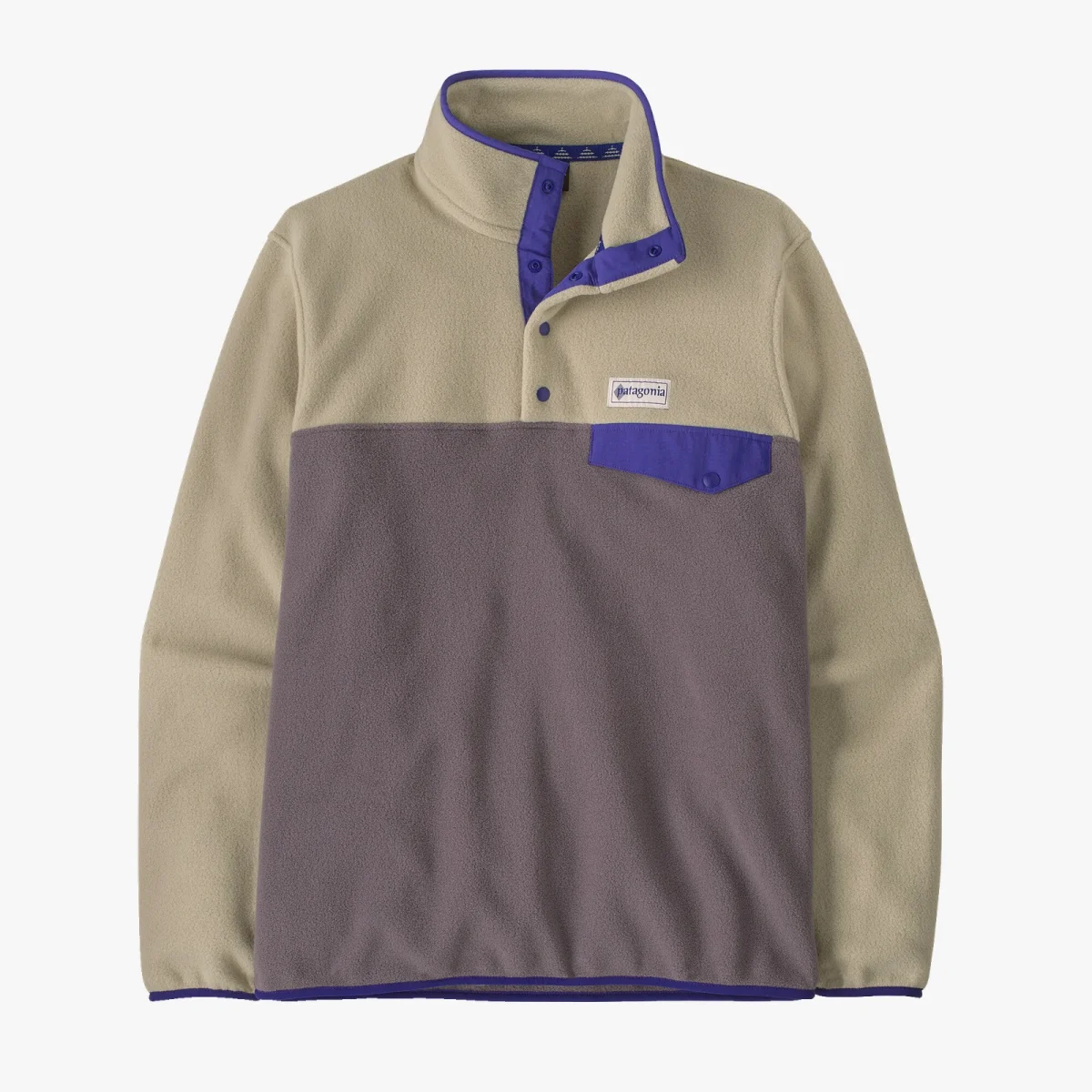 Tan and gray color-blocked fleece pullover with a purple snap-button placket and a chest pocket featuring the Patagonia logo.