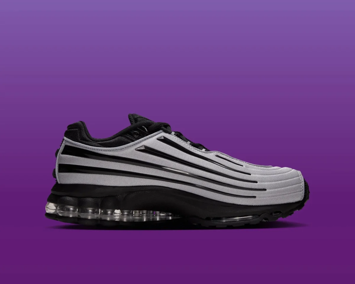 Grey and black Nike Air Max Plus 3 sneaker featuring a visible Air unit in the heel.