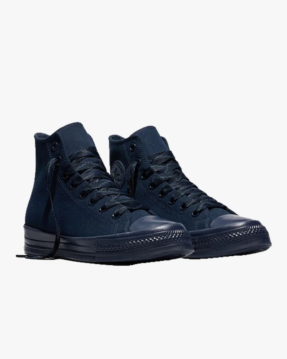 Navy blue high-top canvas sneakers with matching laces and rubber toe caps.