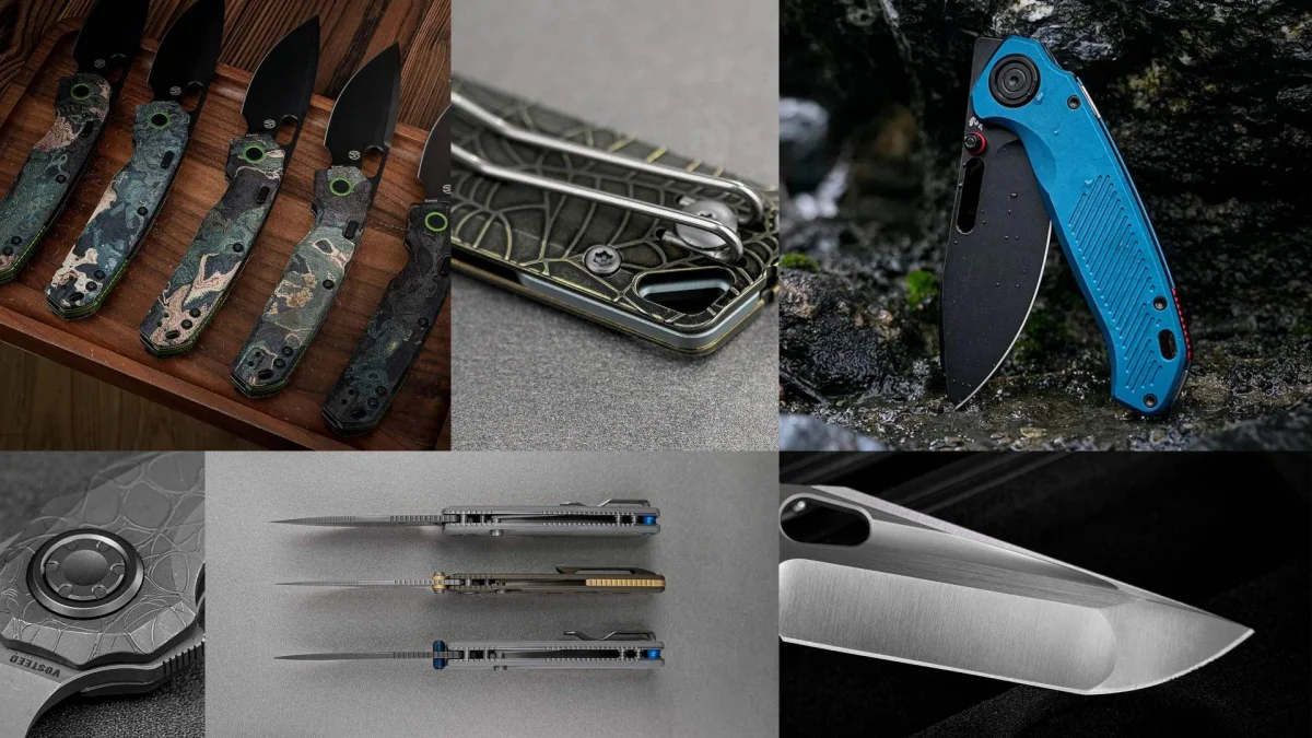 Collage of folding pocket knives with camouflage, blue, and silver handles and black blades.