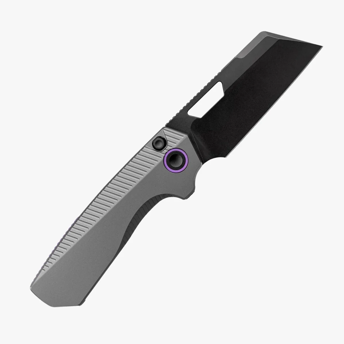 Folding knife with a black tanto-style blade and a gray textured handle with a purple accent ring.