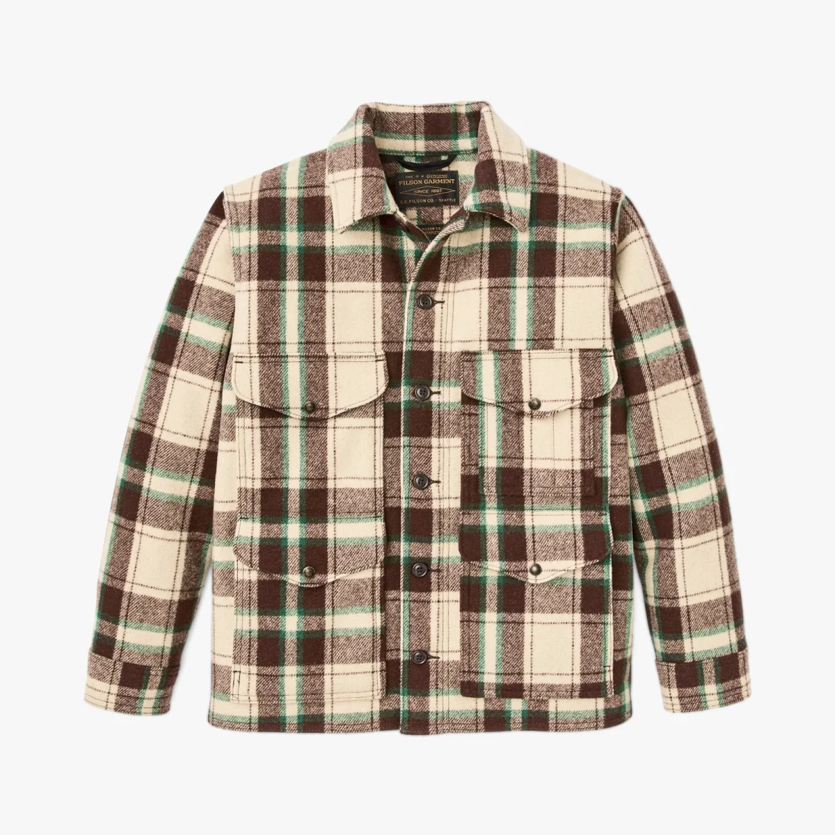 Tan, brown, and green plaid button-up shirt jacket featuring two button-flap chest pockets and two lower hand pockets.