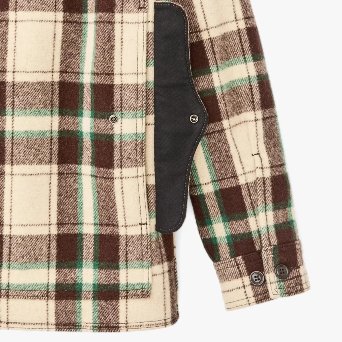 Cream, brown, and green plaid button-up shirt featuring a black side panel and buttoned cuffs.
