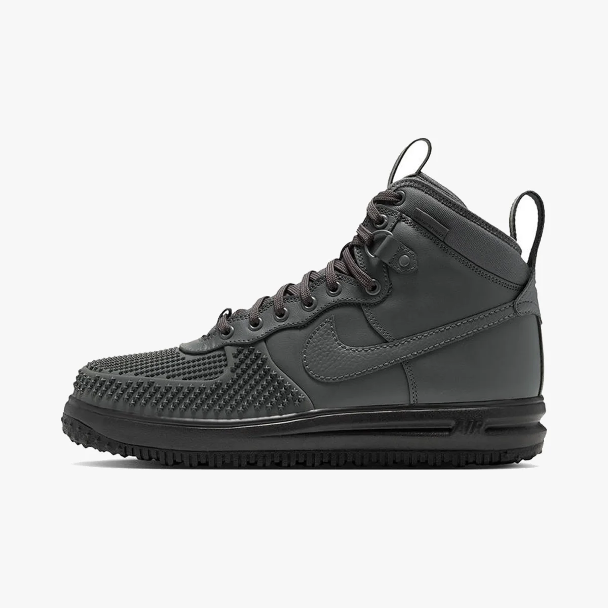 Dark gray high-top Nike sneaker with a textured toe box, round laces, and a thick black midsole.