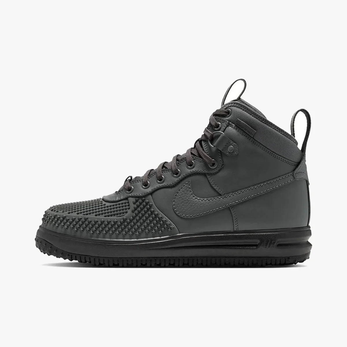 Dark gray high-top Nike sneaker with a textured toe box, round laces, and a thick black midsole.