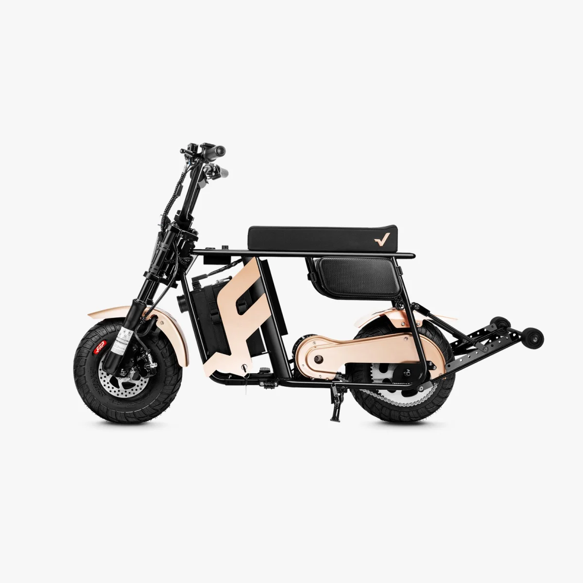 Electric moped with a black frame, rose gold accents, flat black seat, and thick tread tires.