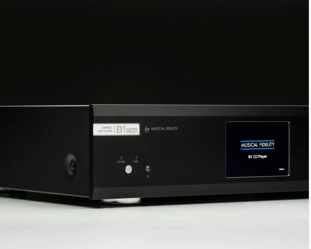 Black Musical Fidelity B1 CD player with a front-facing digital display showing the brand name and model.