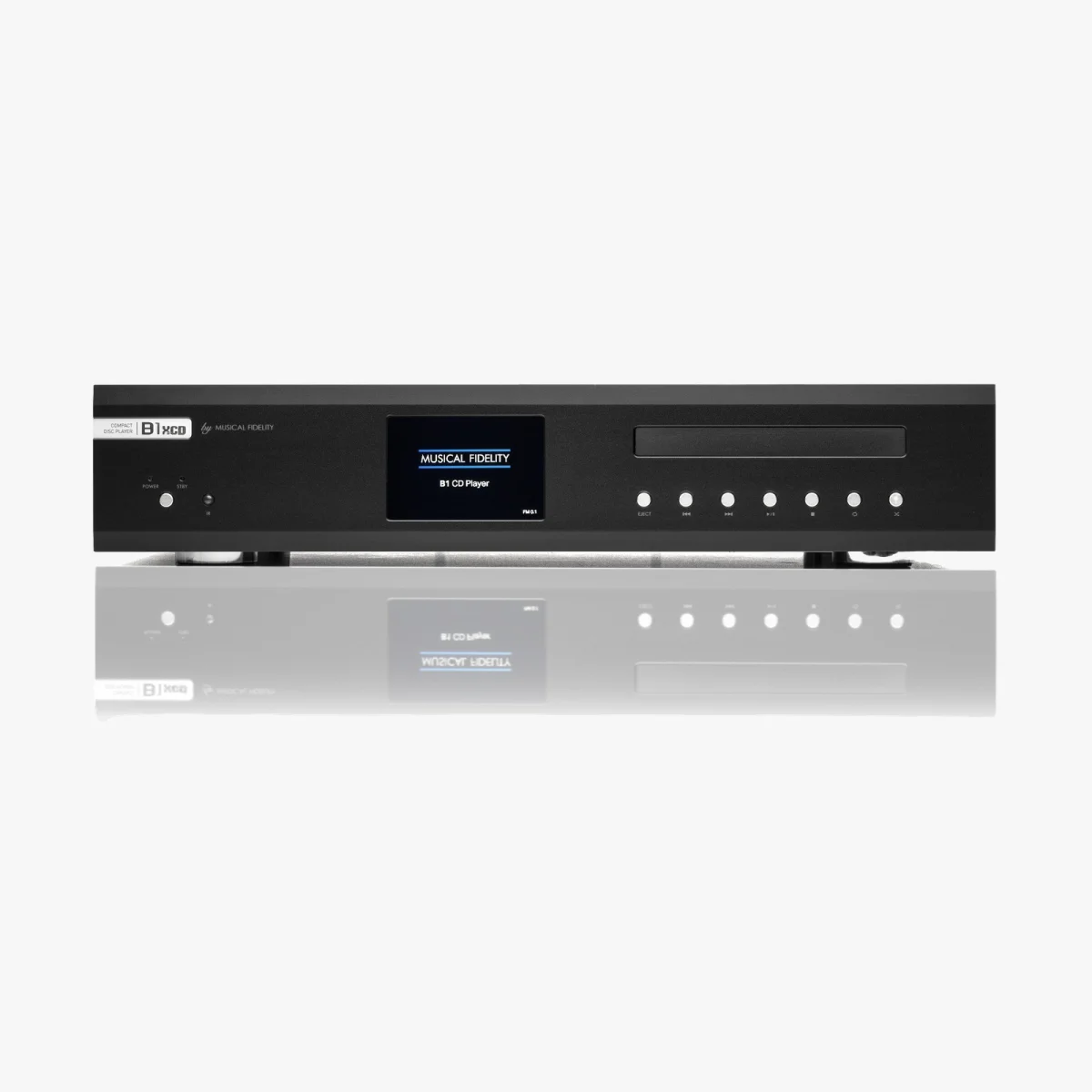 Musical Fidelity B1 CD player in black, featuring a central display screen, disc slot, and front-panel control buttons.