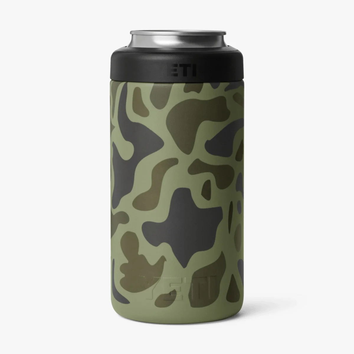 YETI can cooler featuring a green and black camouflage pattern with a black rim.