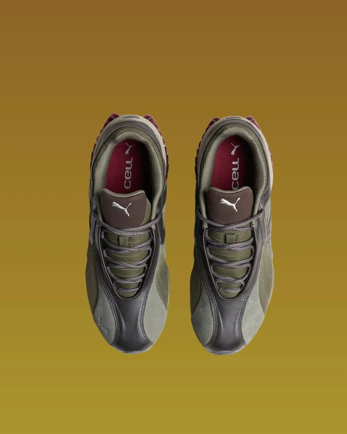 Pair of olive and dark brown Puma Cell sneakers viewed from above.