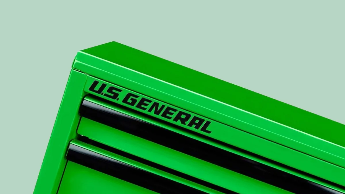 Bright green U.S. General metal tool chest with black drawer pulls.