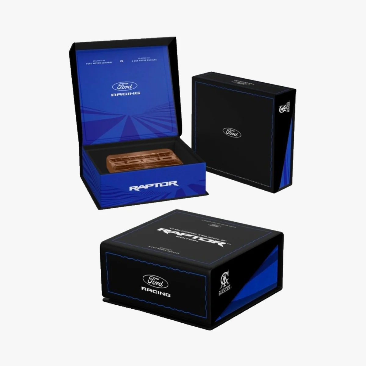 Ford Racing Raptor branded collectible shown inside an open and closed blue and black gift box.