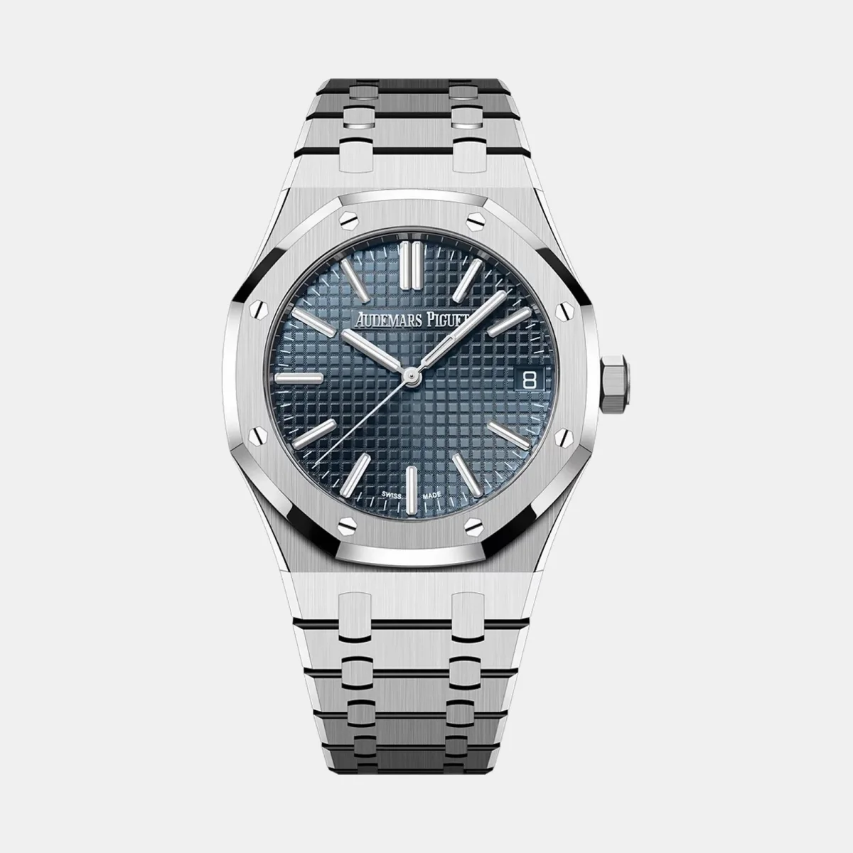 Audemars Piguet Royal Oak watch featuring a blue grid-patterned dial, silver hour markers, and a stainless steel link bracelet.