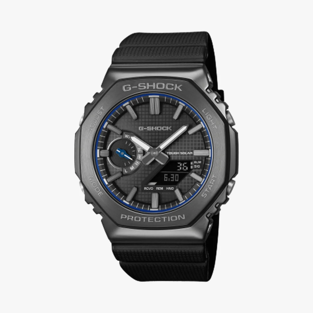 G-Shock analog-digital watch with a dark grey octagonal metal bezel, textured black dial, and black resin strap.
