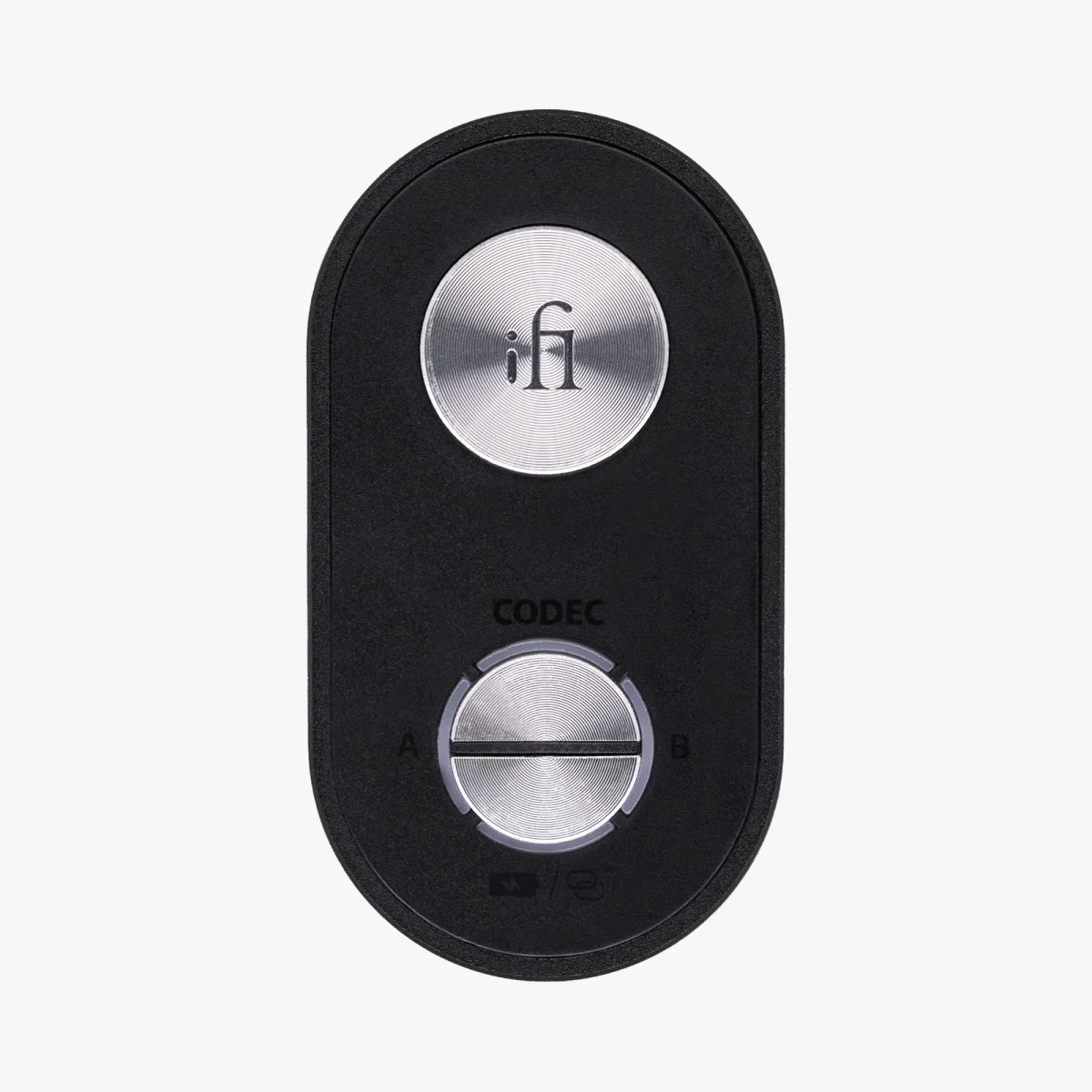 Black oval iFi Bluetooth receiver featuring two silver circular buttons, a status display labeled CODEC, and A/B selection indicators.