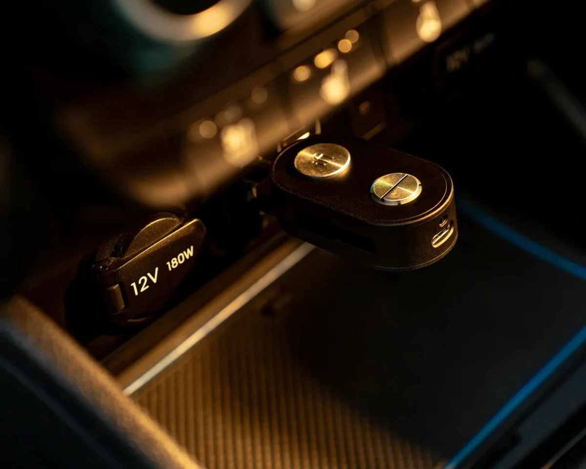 Black car charger with two metallic circular buttons, plugged into a 12V vehicle power outlet.