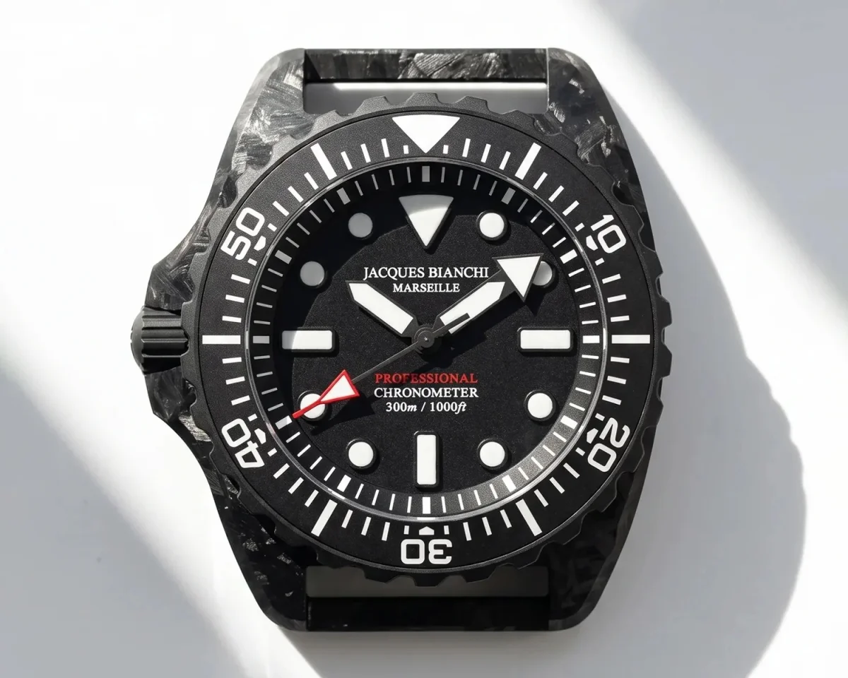 Black Jacques Bianchi Marseille dive watch face with white markers and red accents on a textured bezel.