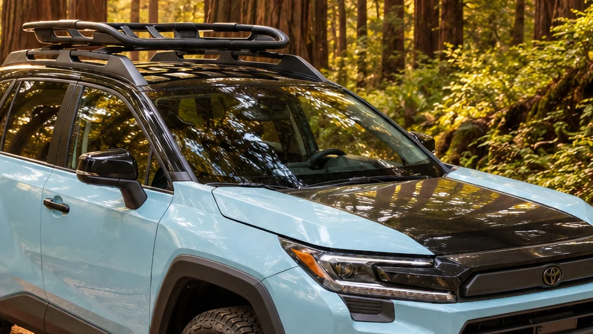 Light blue Toyota SUV with a black hood and roof rack, parked in a forest.