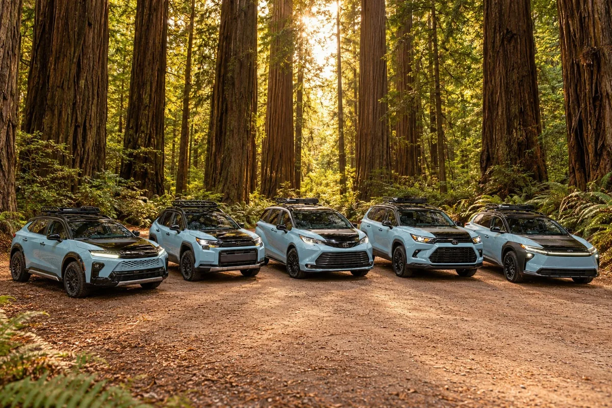 Five light blue Toyota SUVs with black hoods and roof racks parked on a forest trail among tall redwood trees.