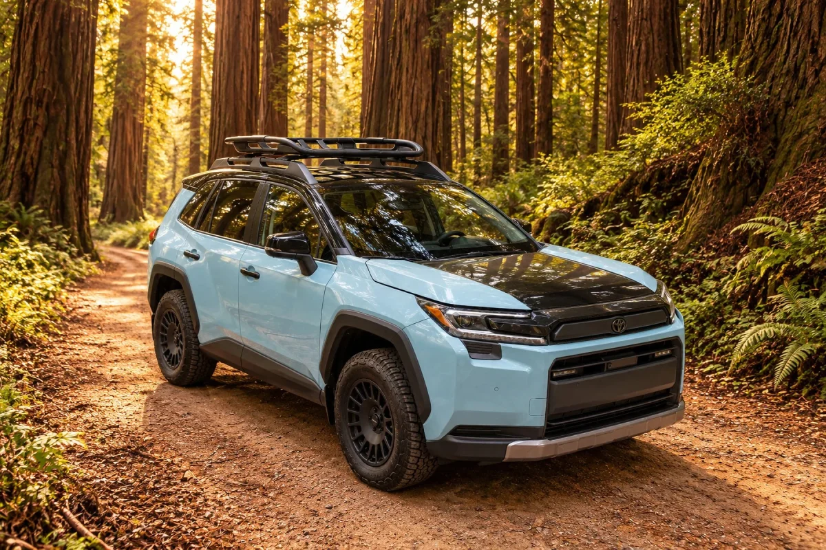 Light blue and black Toyota SUV with a roof rack, parked on a dirt path in a redwood forest.
