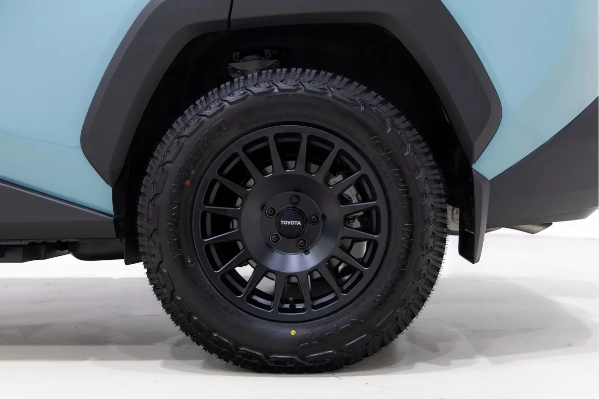 Black multi-spoke wheel with a Toyota center cap, mounted on a light blue vehicle.