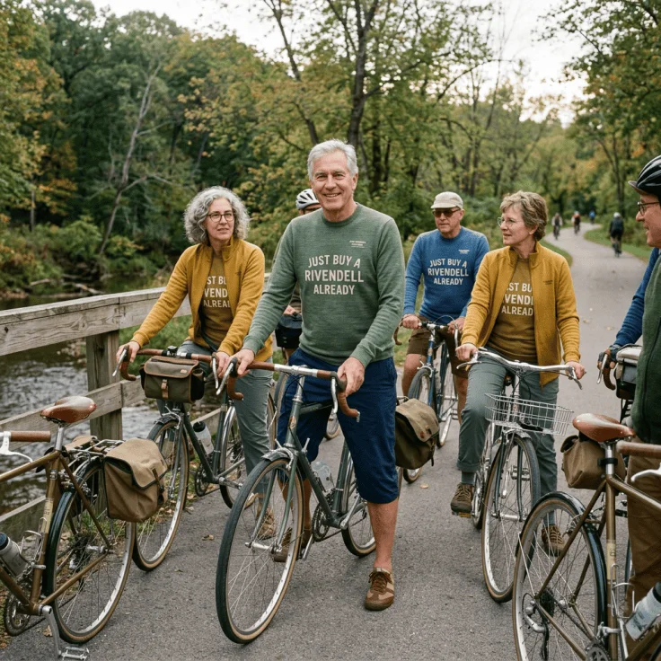 Cyclists wearing shirts reading “JUST BUY A RIVENDELL ALREADY” on a wooded path