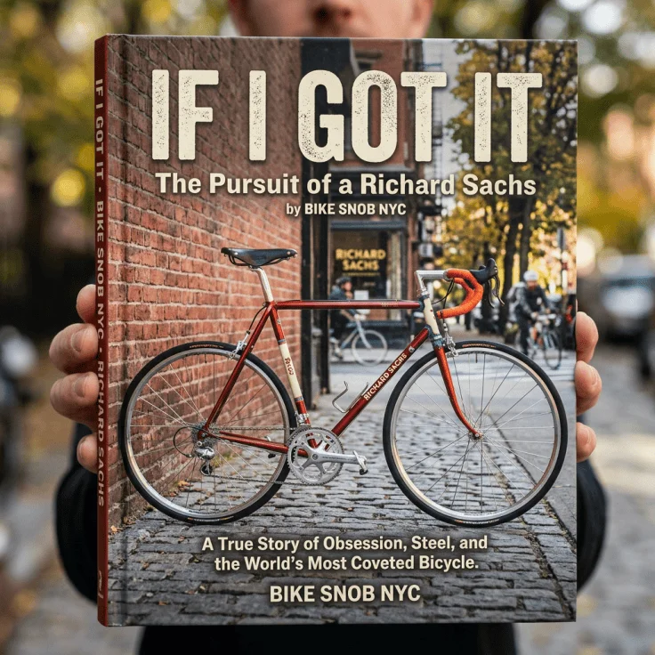 Book cover text: “IF I GOT IT: The Pursuit of a Richard Sachs” by Bike Snob NYC; “A True Story of Obsession, Steel, and the World’s Most Coveted Bicycle”; spine reads “IF I GOT IT,” “BIKE SNOB NYC,” and “RICHARD SACHS.”