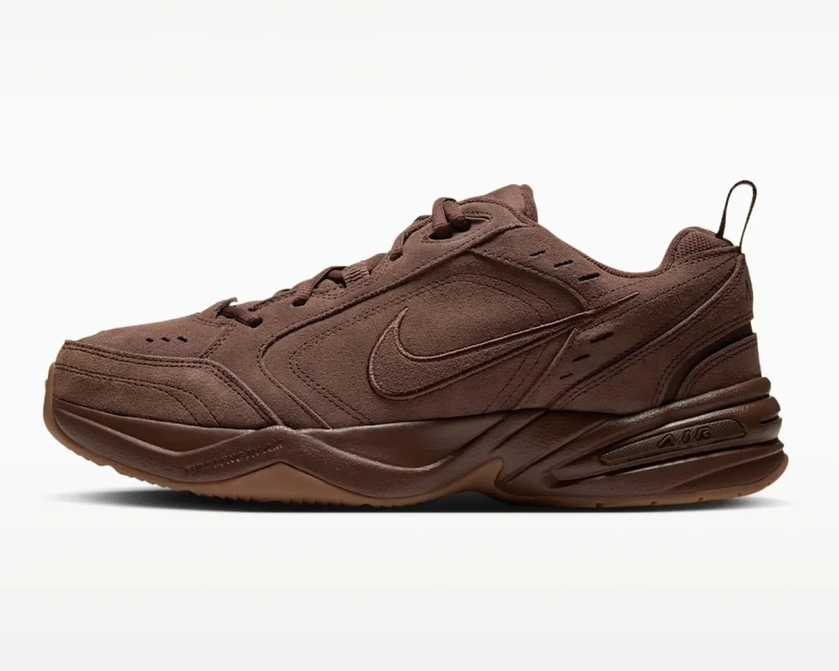Brown Nike Air Monarch sneaker with a suede-like finish and gum rubber outsole.