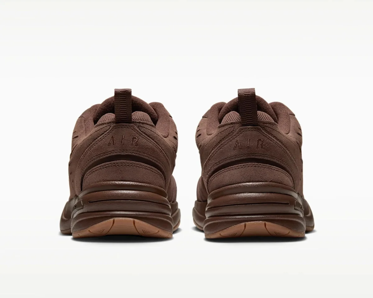 Back view of brown Nike Air sneakers featuring gum rubber outsoles.