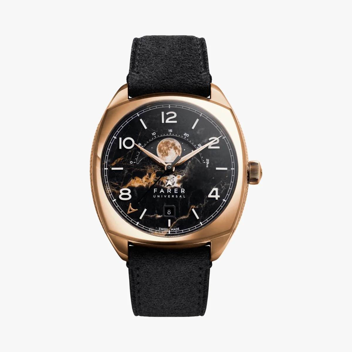 Farer Universal watch featuring a rose gold case, black marble-patterned dial, moon phase display, and black strap.