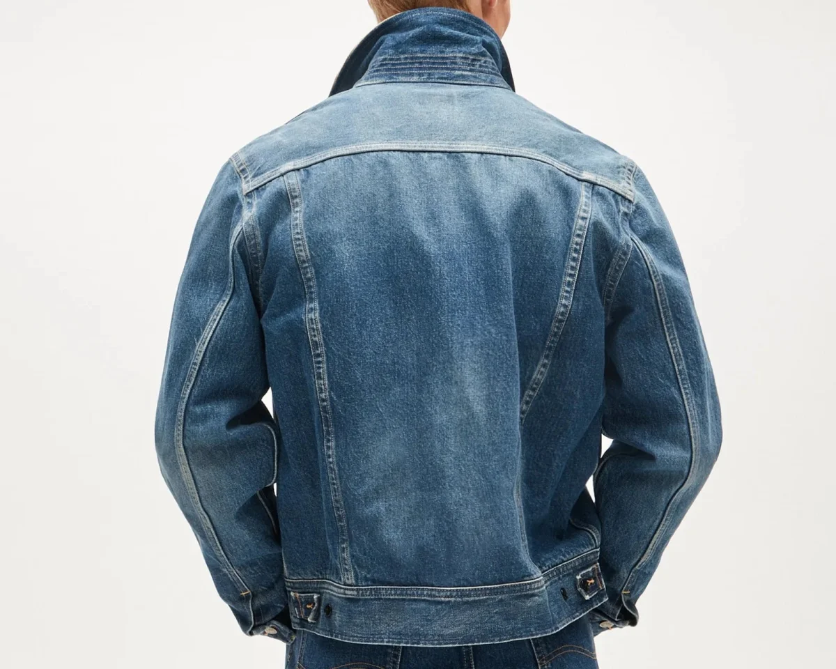 Back view of a mid-blue denim jacket featuring a folded collar and stitched seam detailing.