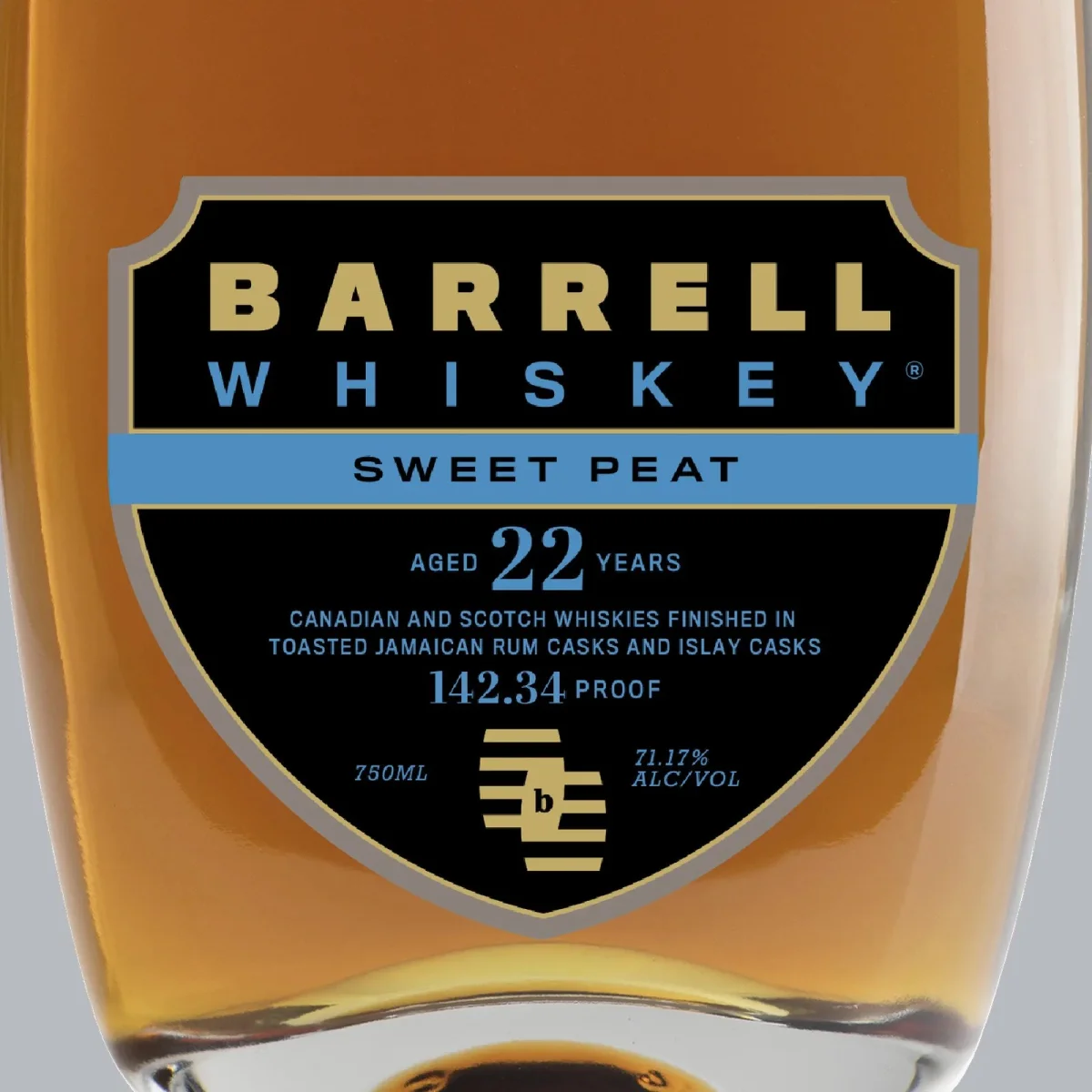 Barrell Whiskey Sweet Peat label, displaying Aged 22 Years, 142.34 Proof, and a description of the spirit as a blend of Canadian and Scotch whiskies finished in Jamaican rum and Islay casks.