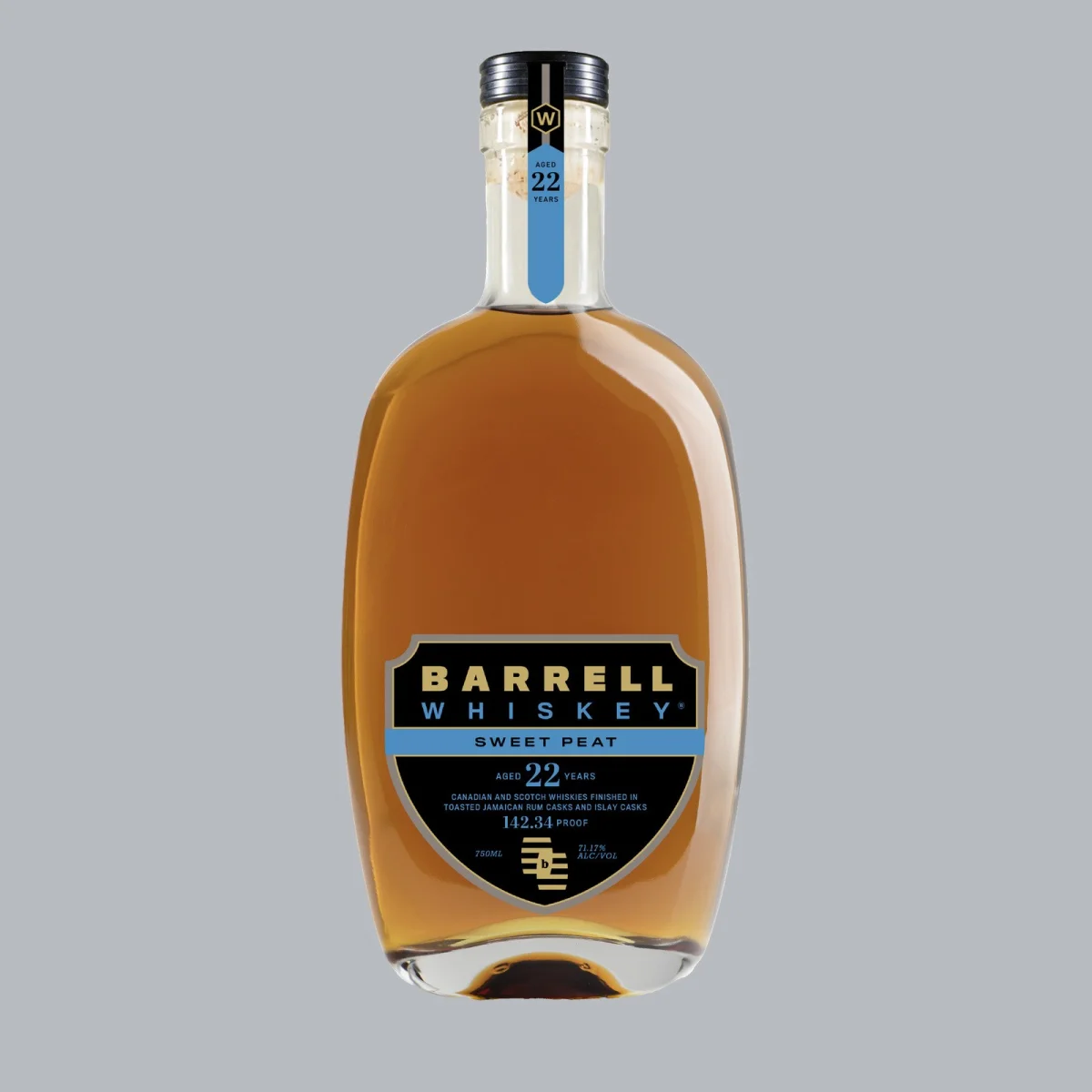 A bottle of Barrell Whiskey Sweet Peat, aged 22 years, featuring a label detailing a blend of Canadian and Scotch whiskies finished in toasted Jamaican rum and Islay casks at 142.34 proof.