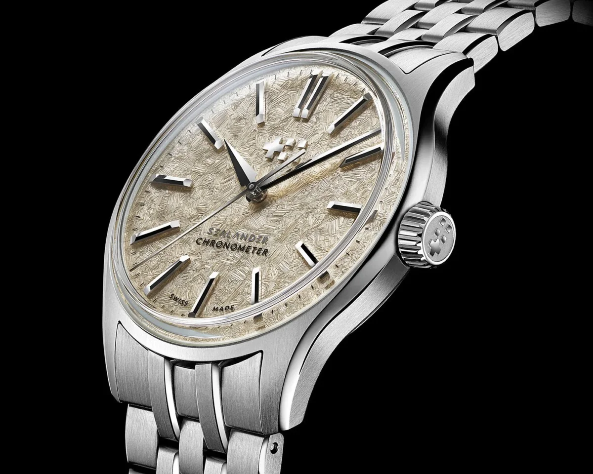 Christopher Ward Sealander Chronometer watch featuring a textured light-colored dial and a stainless steel link bracelet.